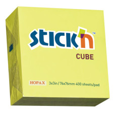 Блок самоклеящийся бумажный Stick`n 21010 76x76мм 400лист. 70г/м2 неон желтый